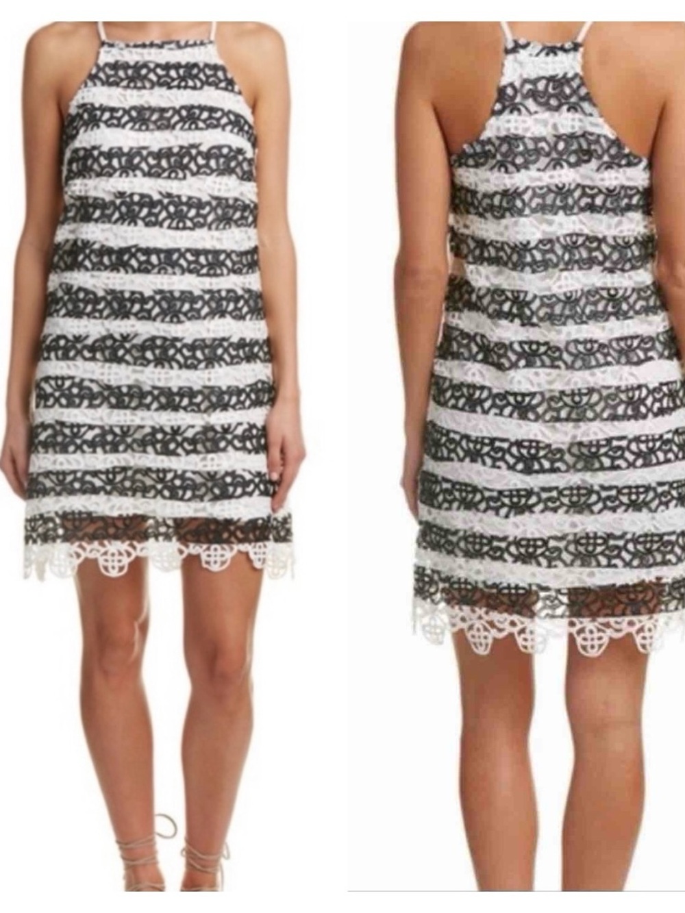 Buttons Striped Lace Halter Mini Dress - White & Black